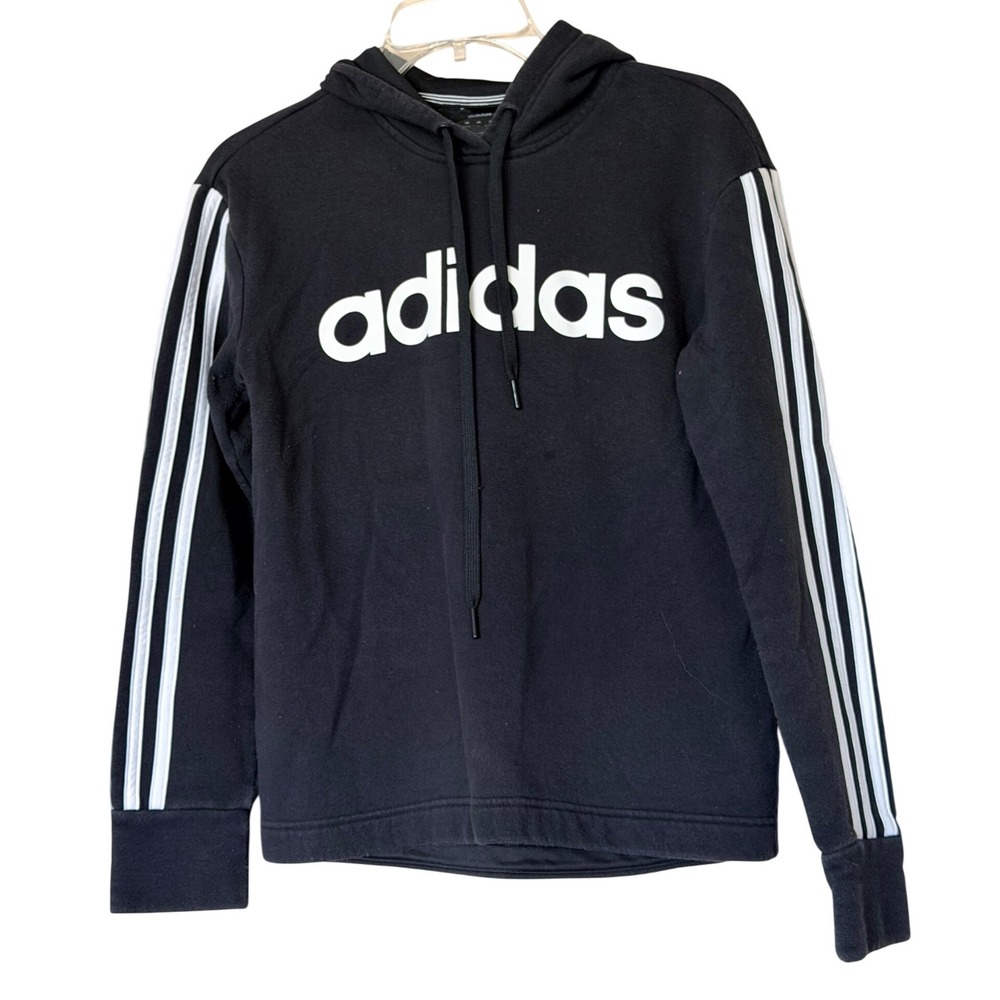 Adidas Essentials Linear Hoodie Black White 3-Stripe Pullover Sweatshirt Sz S